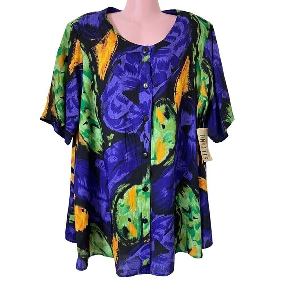 Stefano International Tops - Vtg Stefano International Blouse Women's 18 20 Abstract Purple Green Yellow NEW